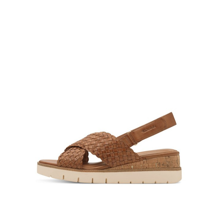 Sandale femme Tamaris 28251 Cognac en cuir marron avec un talon compensé