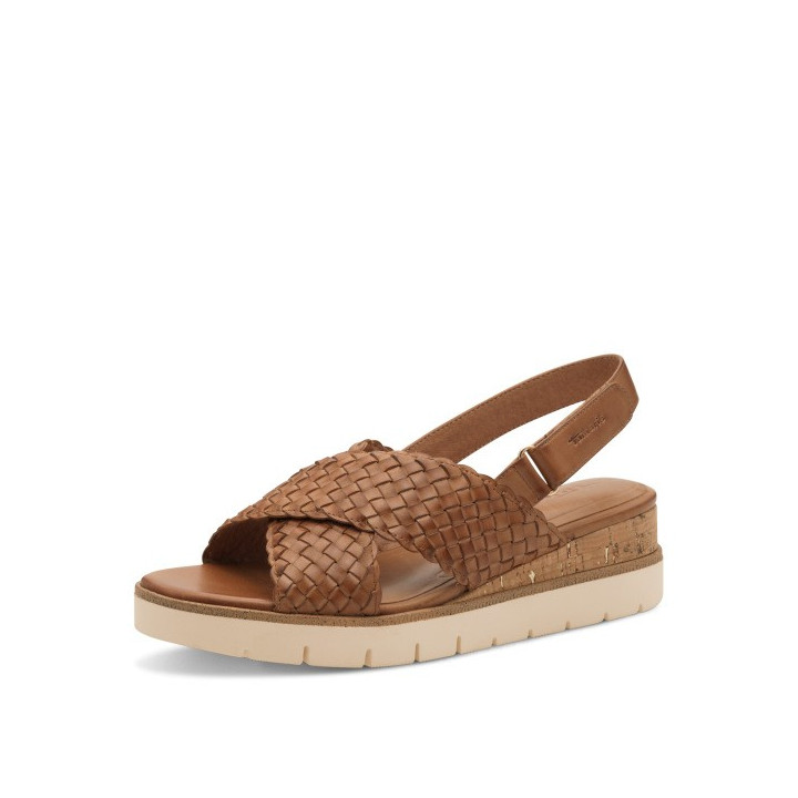 Sandale femme Tamaris 28251 Cognac en cuir marron avec un talon compensé