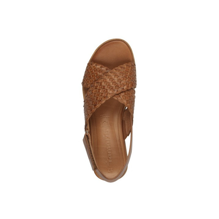 Sandale femme Tamaris 28251 Cognac en cuir marron avec un talon compensé