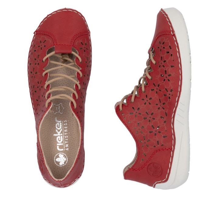 Derbie, basket Rieker femme rouge semelle cuir 52518-33